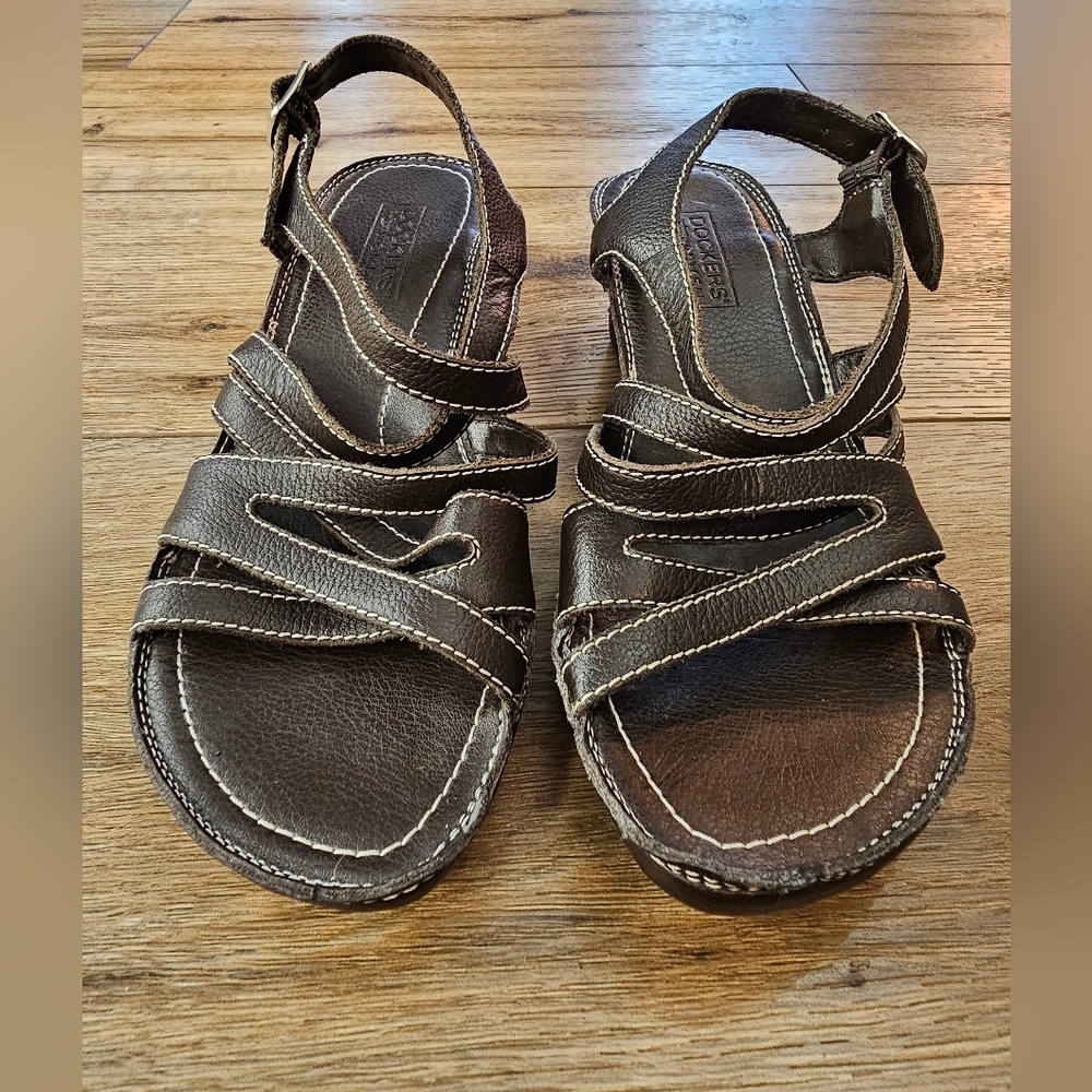 Dockers Womens Size 6M Brown Leather Sandals Wedge Heels Shoes White Stitch - Picture 3 of 10